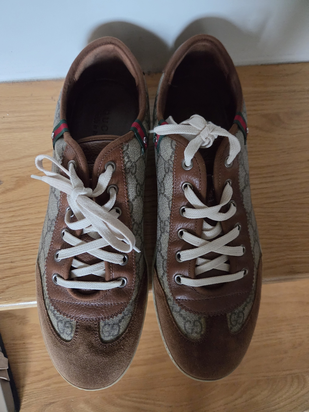 Gucci Brown & Beige GG Canvas Leather Men's Sneakers with Green-Red Stripe